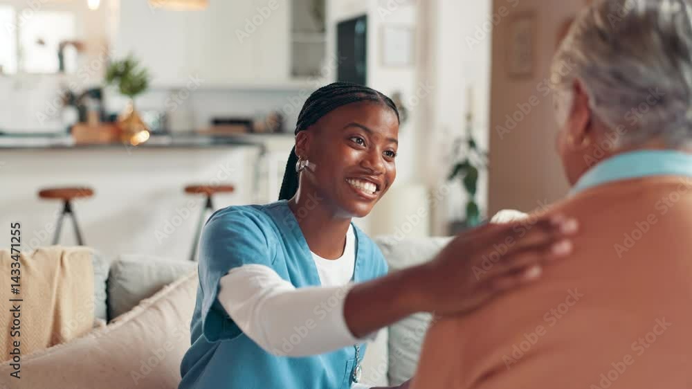 Nurse, home and senior woman with support, smile and conversation with positive news. Old patient, medical or professional in lounge, empathy or good feedback with retirement, volunteer or kindness Nurse, home and senior woman with support, smile and conversation with positive news. Old patient, medical or professional in lounge, empathy or good feedback with retirement, volunteer or kindness