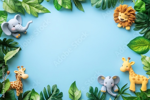 Fototapeta Naklejka Na Ścianę i Meble -  Jungle Animals Frame: Adorable jungle animals, including elephants, giraffes, and lions, are arranged around a vibrant blue backdrop, creating a captivating and whimsical frame for a special message.