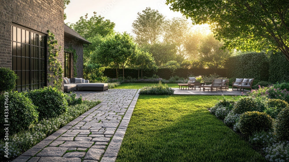 Fototapeta premium Tranquil outdoor space with a modern farmhouse
