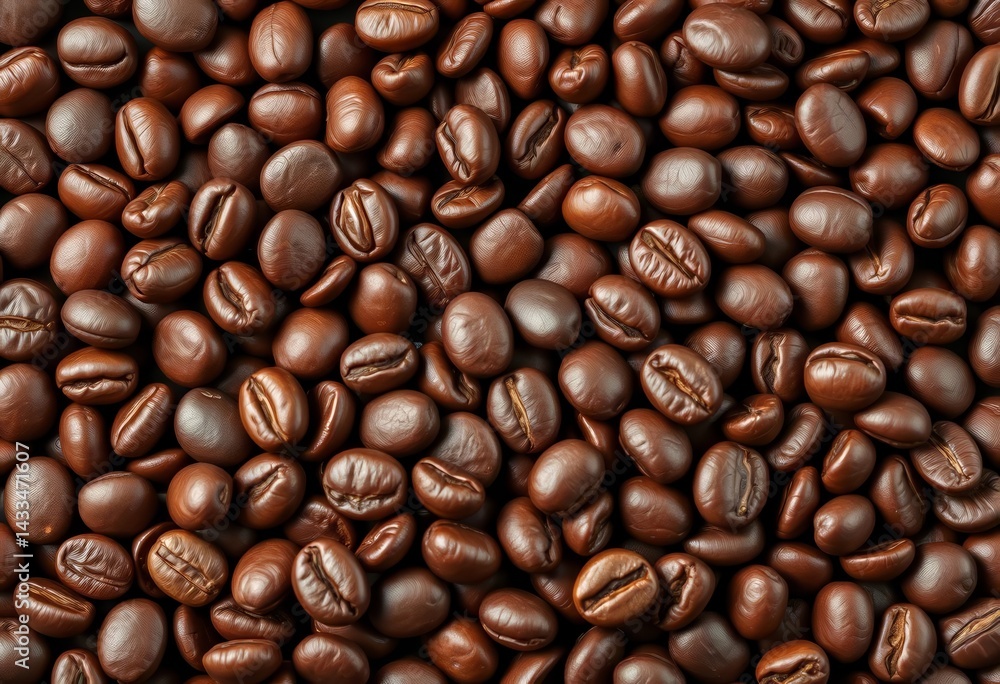 Richly colored, large roasted coffee beans, close-up shot on dark background, visual, still life Richly colored, large roasted coffee beans, close-up shot on dark background, visual, still life