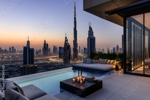Luxurious Dubai penthouse with infinity pool overlooking the city skyline at dusk, showcasing modern architecture and urban elegance