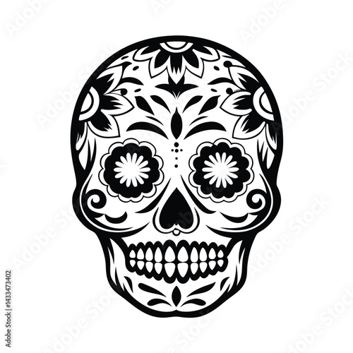 Ornate Black and White Sugar Skull, Floral Eye Sockets, Heart Nose, Día de Muertos