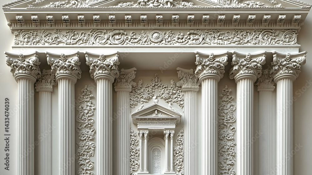 Naklejka premium Intricate white stone facade with columns ornate carvings and a central niche