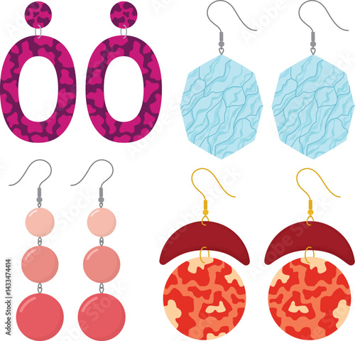 Set of bright earrings isolated on white background. Ear accessories of trendy shapes and colors for women 