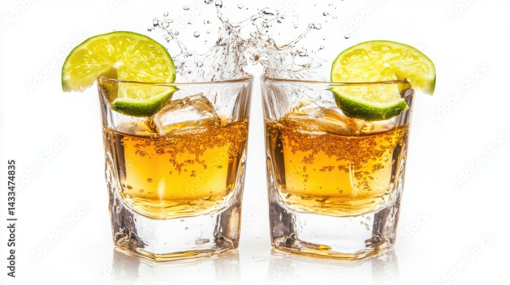 Two tequila shots with lime on white background Two tequila shots with lime on white background