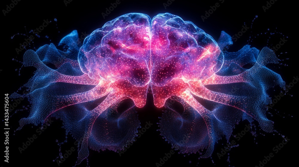 Obraz premium A brightly colored digital brain with neural connections shining against dark space. Scientific articles, educational materials, presentations about neuroscience.