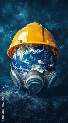 Planet Earth in protective helmet and mask. Suitable for environmental themes, social campaigns, educational materials.