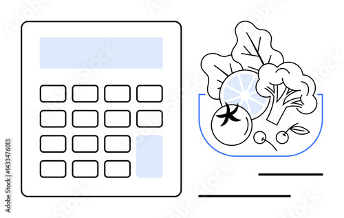 Calculator next to a bowl of vegetables including broccoli, tomato, lemon slice. Ideal for nutrition, dieting, budgeting, meal prep, healthy lifestyle food cost recipes. Flat simple metaphor