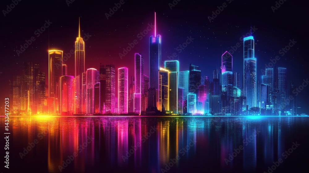 Cyberpunk Skyline Glowing in Neon Colors Cyberpunk Skyline Glowing in Neon Colors
