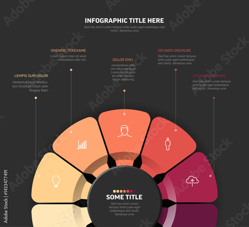 A modern circular infographic featuring six segments with icons and text placeholders. The design highlights a clean, professional look ideal for data visualization or presentations.