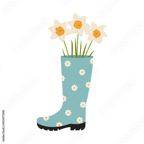 Bouquet of daffodils in a rubber waterproof boot. Spring composition with flowers. Vector illustration. 