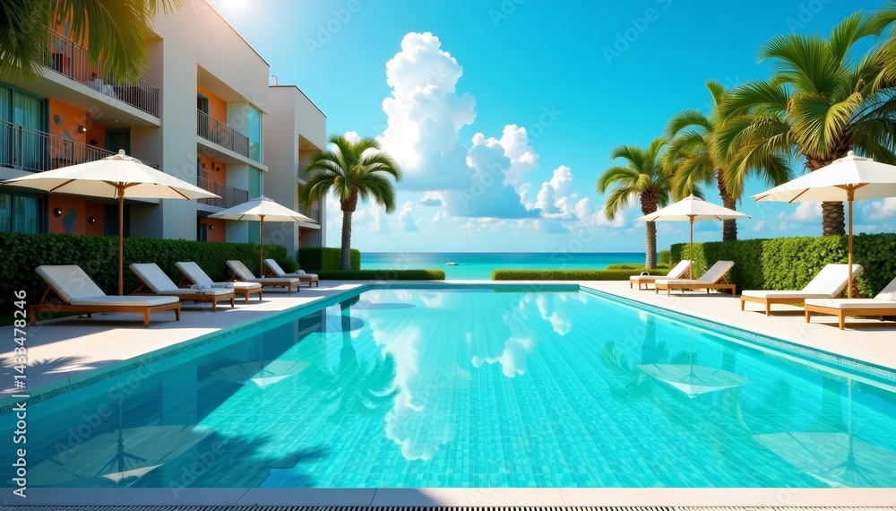 Fototapeta premium Tranquil swimming pool with blue water, lounge chairs, and umbrellas, getaway, serene