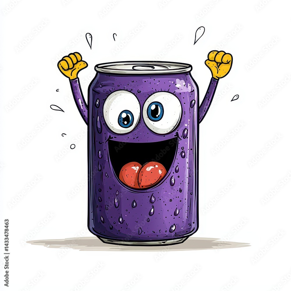 Obraz premium Playful Purple Soda Can Cartoon Character Celebrates