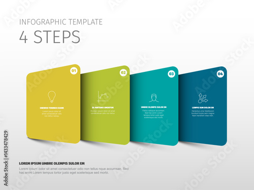 A clean infographic template showing four steps in distinct color blocks with icons and text. The layout is modern with a professional design for presentations.