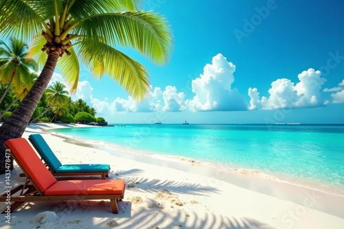 Fototapeta Naklejka Na Ścianę i Meble -  Tropical beach scene with colorful beach accessories, sand, summer