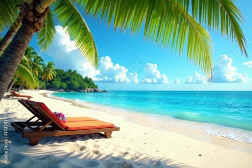 Fototapeta Naklejka Na Ścianę i Meble -  Tropical beach scene with colorful beach accessories, summer, chair, sand