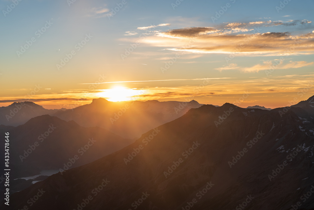 Naklejka premium Sunset from Rocciamelone mountain peak in Graian Alps in Italy