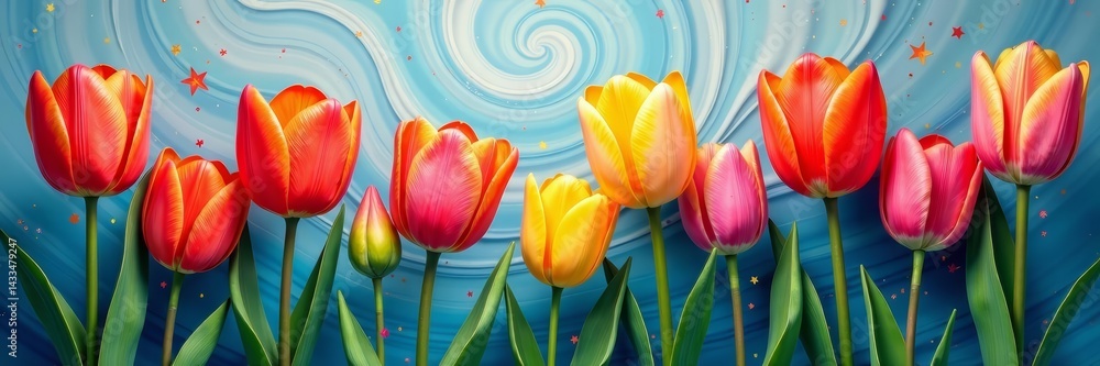 Fototapeta premium Vibrant painted tulips on swirling abstract background, flowers, bouquet