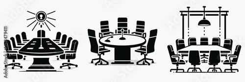 A Conference table. Stationary graphic design. Collaborative workspace desk corporate meeting room central furniture unit.