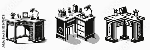 A Corner desk. Stationary graphic design. Workstation solution for compact area angled tabletop providing ergonomic design.