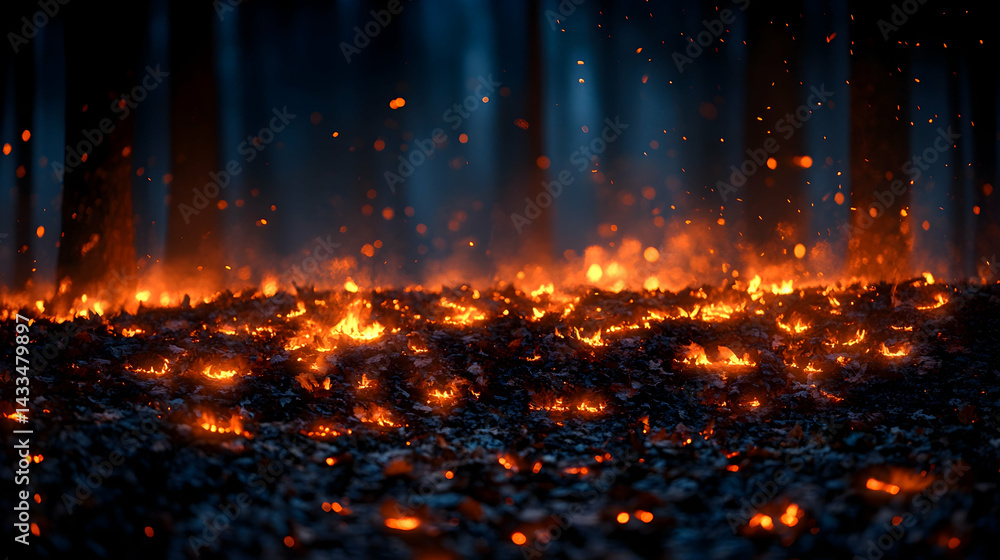 Burning leaves under dark sky with sparks glowing embers and mysterious atmosphere Burning leaves under dark sky with sparks glowing embers and mysterious atmosphere