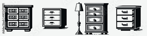 A Drawer unit. Stationary graphic design. Storage furniture cabinet chest container for home organization keeping belongings.