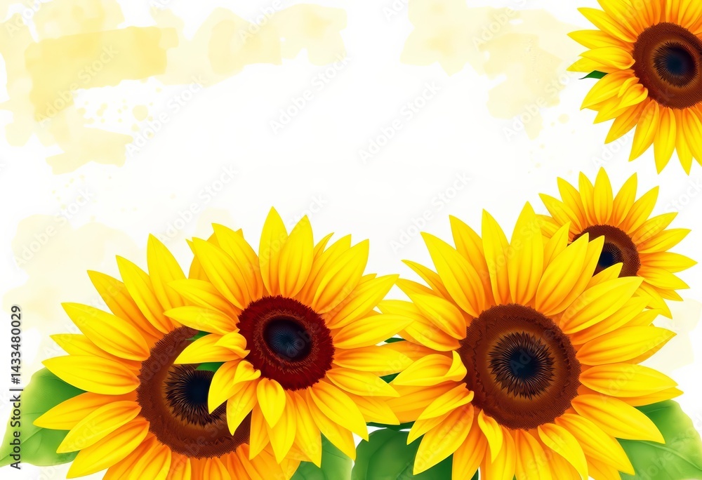 Naklejka premium Vibrant yellow sunflowers watercolor background, perfect for cards, greeting card, happy