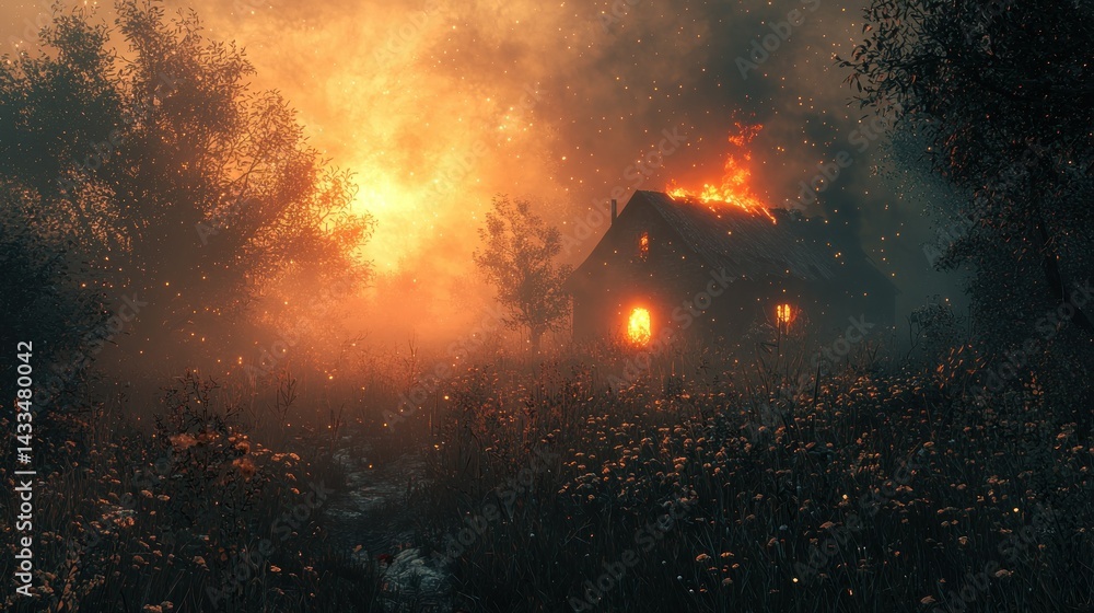 Fototapeta premium Burning House in Misty Forest at Dusk