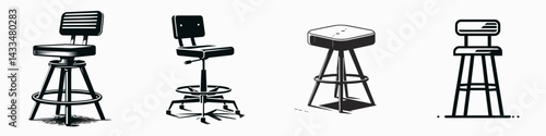 A Office stool. Stationary graphic design. Ergonomic work perch adjustable height for professional desk seating task.