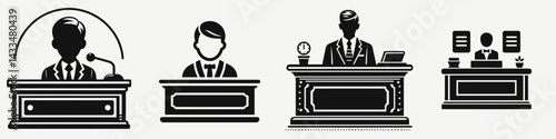 A Reception desk. Stationary graphic design. Front worktable area greeting spot bureau furnishing welcome point.