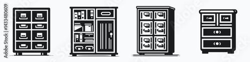 A Storage cabinet. Stationary graphic design. Shelving unit home organizer for items interior furnishing piece.