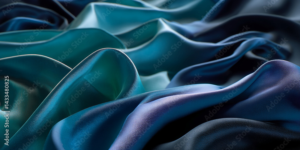 Fototapeta premium Abstract image of blue silk fabric, draped in soft waves, showcasing texture and light play, symbolizing elegance, luxury, and smoothness