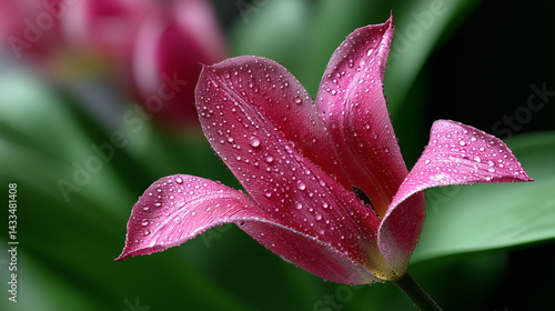 Nature’s Detail: Pink Tulip Petal Adorned with Dew