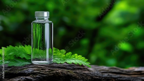 Clear plastic bottle of water resting on a log in a lush green forest