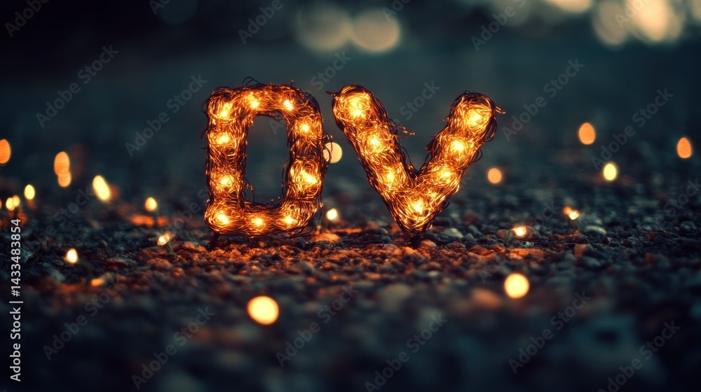 Glowing Letters Displayed On A Gravel Surface At Dusk Glowing Letters Displayed On A Gravel Surface At Dusk