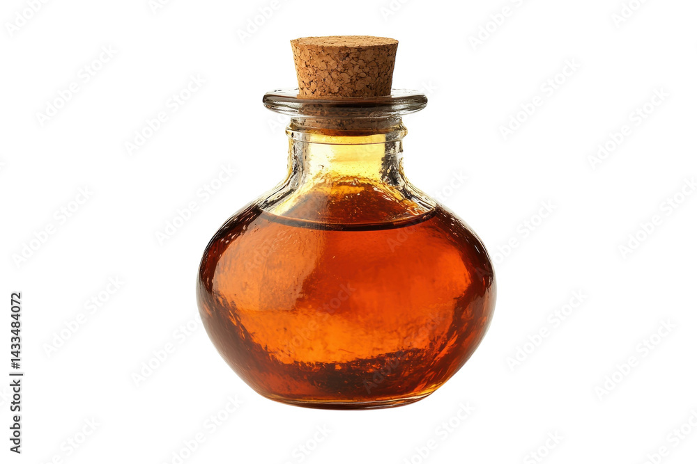 Amber liquid in a glass bottle with a cork stopper against a black background Rich warm tones and deep on transparent background Amber liquid in a glass bottle with a cork stopper against a black background Rich warm tones and deep on transparent background
