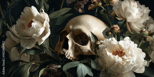Fototapeta Naklejka Na Ścianę i Meble -  Human skull nestled amongst creamy white peonies and dark green leaves, creating a striking contrast of life and death, showcasing memento mori theme