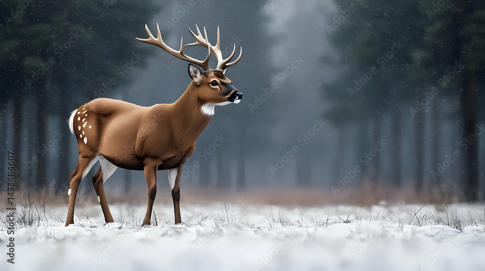 Obraz premium Majestic Deer Standing Alone In Snowy Field With Forest Background During Winter Scene