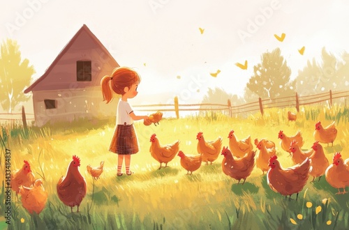 A little girl feeding chickens in a farmyard, warm and