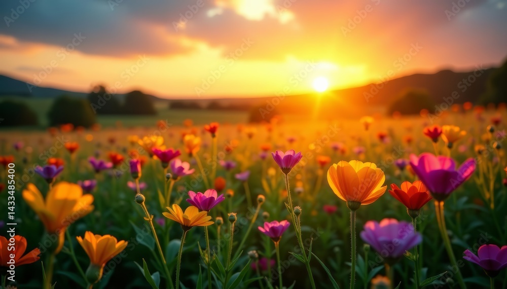 Obraz premium Colorful wildflowers illuminated by setting sun, wildflowers, sunset