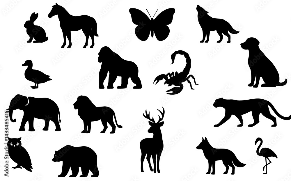 Obraz premium Collection of diverse animal silhouettes in black on a white background.