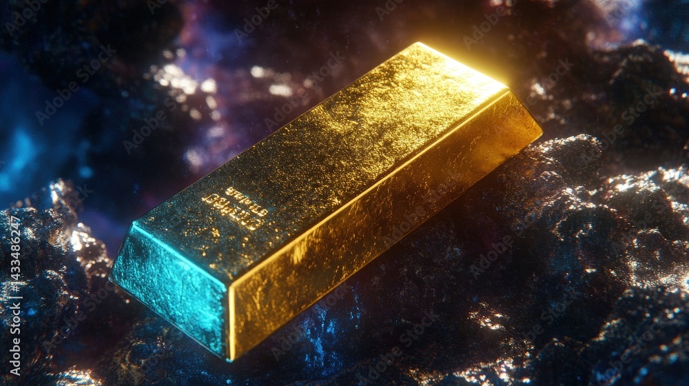 A gold bar floating in zero gravity, symbolizing value in a futuristic space economy A gold bar floating in zero gravity, symbolizing value in a futuristic space economy