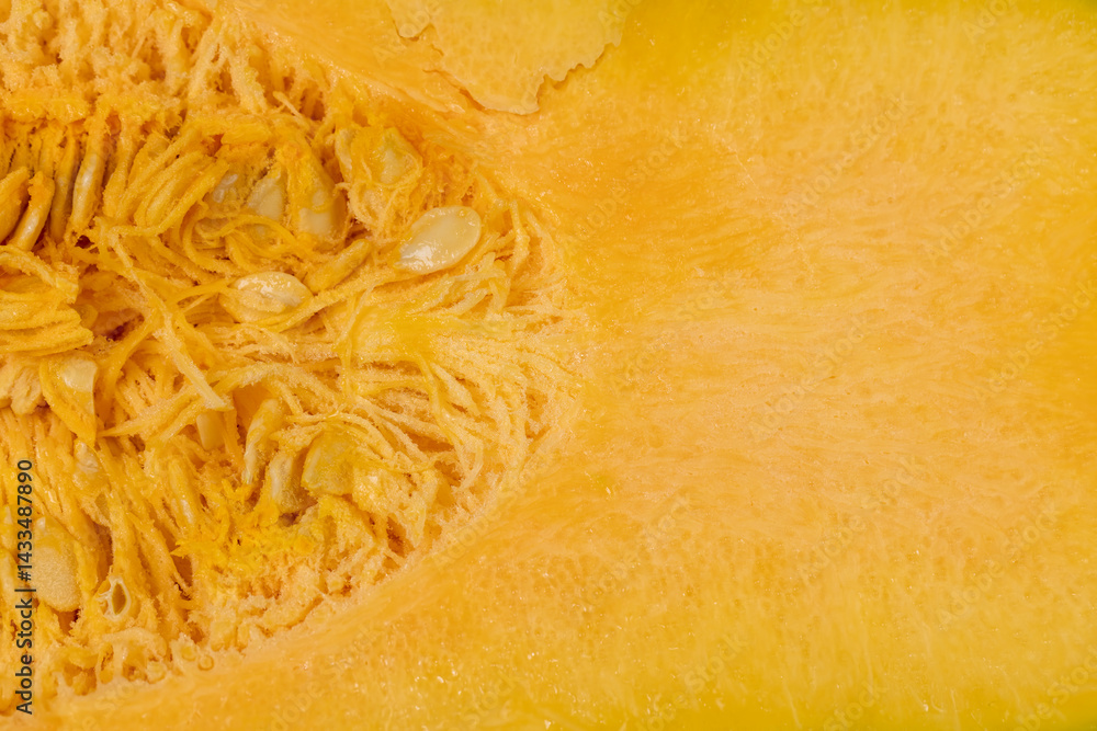cut orange pumpkin , orange pumpkin for cooking, pumpkin seeds inside
