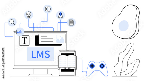 Computer screen with LMS dashboard, book, mobile, gaming controller, icons for multimedia, research, certification, and data analysis. Ideal for e-learning gamification education training