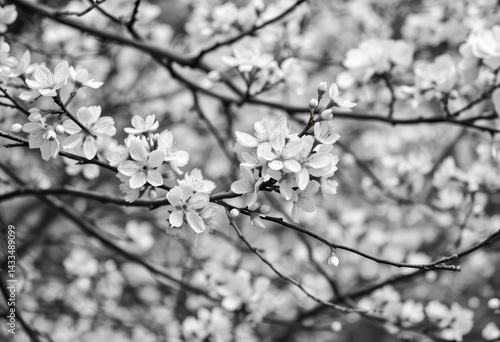 Monochrome image of a blossoming tree, delicate white flowers against stark branches, fragile, artistic