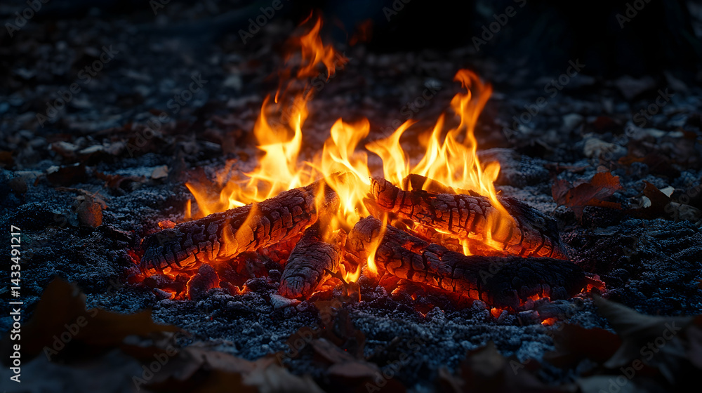 Burning logs form a bonfire with flames Ashes and fallen leaves around moody color and dark background Burning logs form a bonfire with flames Ashes and fallen leaves around moody color and dark background