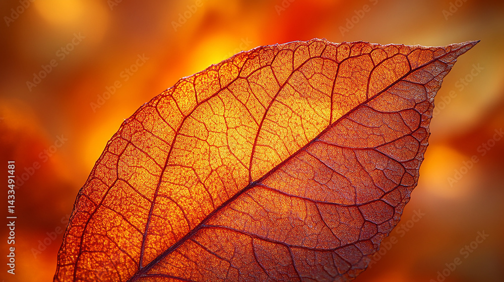Obraz premium Macro Shot of a Detailed Orange Autumn Leaf with Veins on a Blurred Backdrop