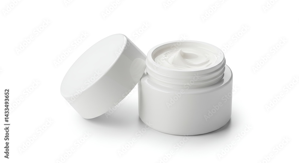 Open white cosmetic jar with cream on white background, isolated Open white cosmetic jar with cream on white background, isolated
