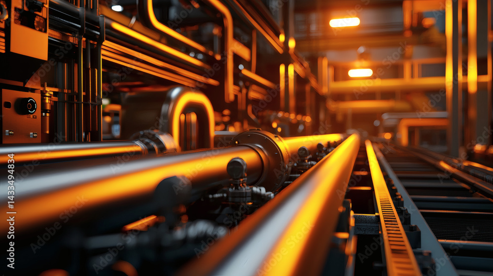 A close-up view of industrial pipes illuminated by warm lighting, showcasing a complex system within a manufacturing environment. A close-up view of industrial pipes illuminated by warm lighting, showcasing a complex system within a manufacturing environment.
