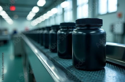 Black plastic containers on conveyor, medicine and suppliment production